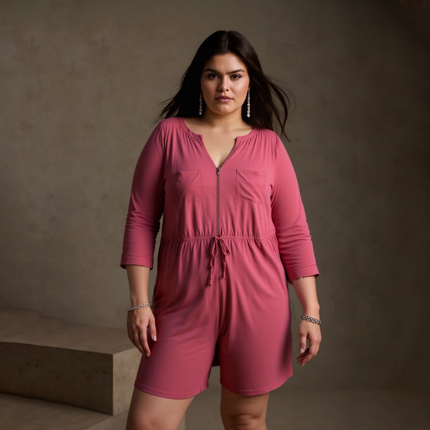 Plus Size Clothing High Quality Affordable Zipper Multiple Pockets Drawstring 3/4 Sleeves Jumpskirt Skirted Romper