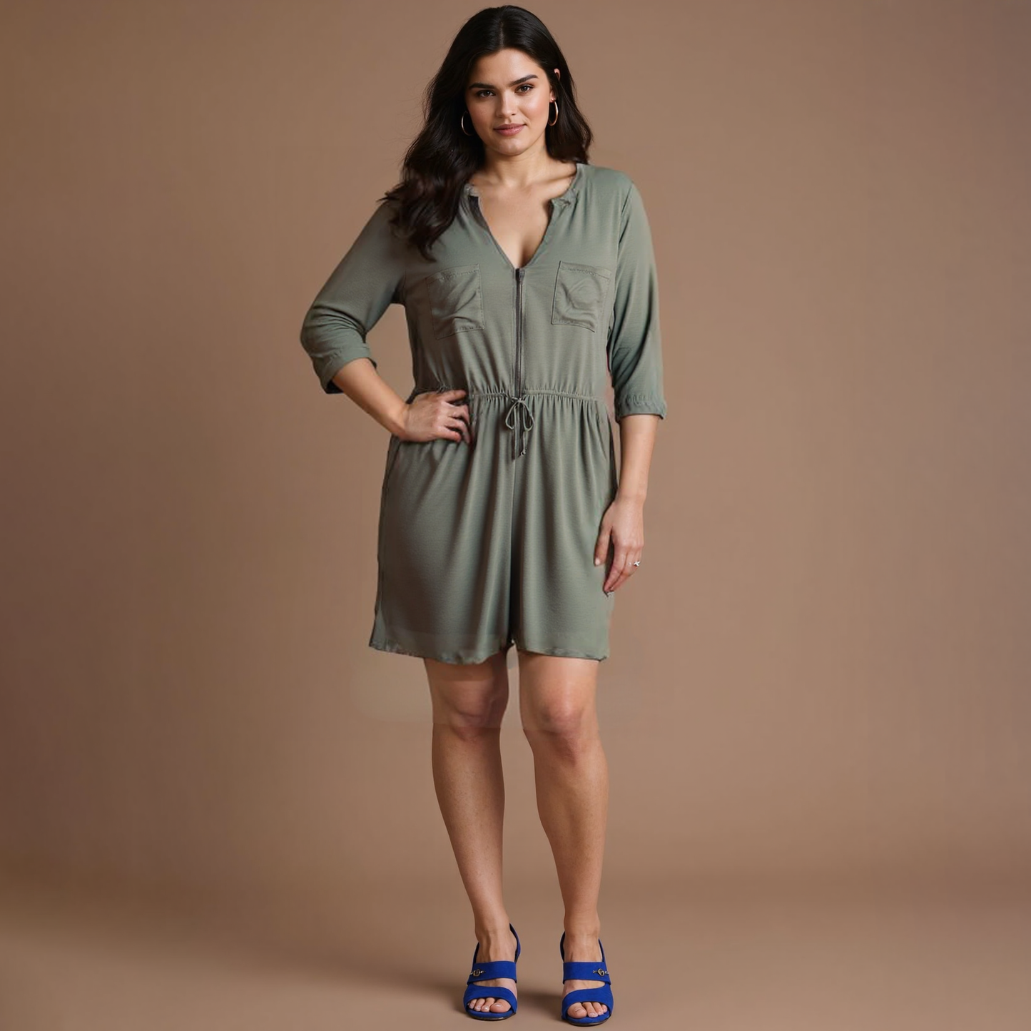 Plus Size Clothing High Quality Affordable Zipper Multiple Pockets Drawstring 3/4 Sleeves Jumpskirt Skirted Romper