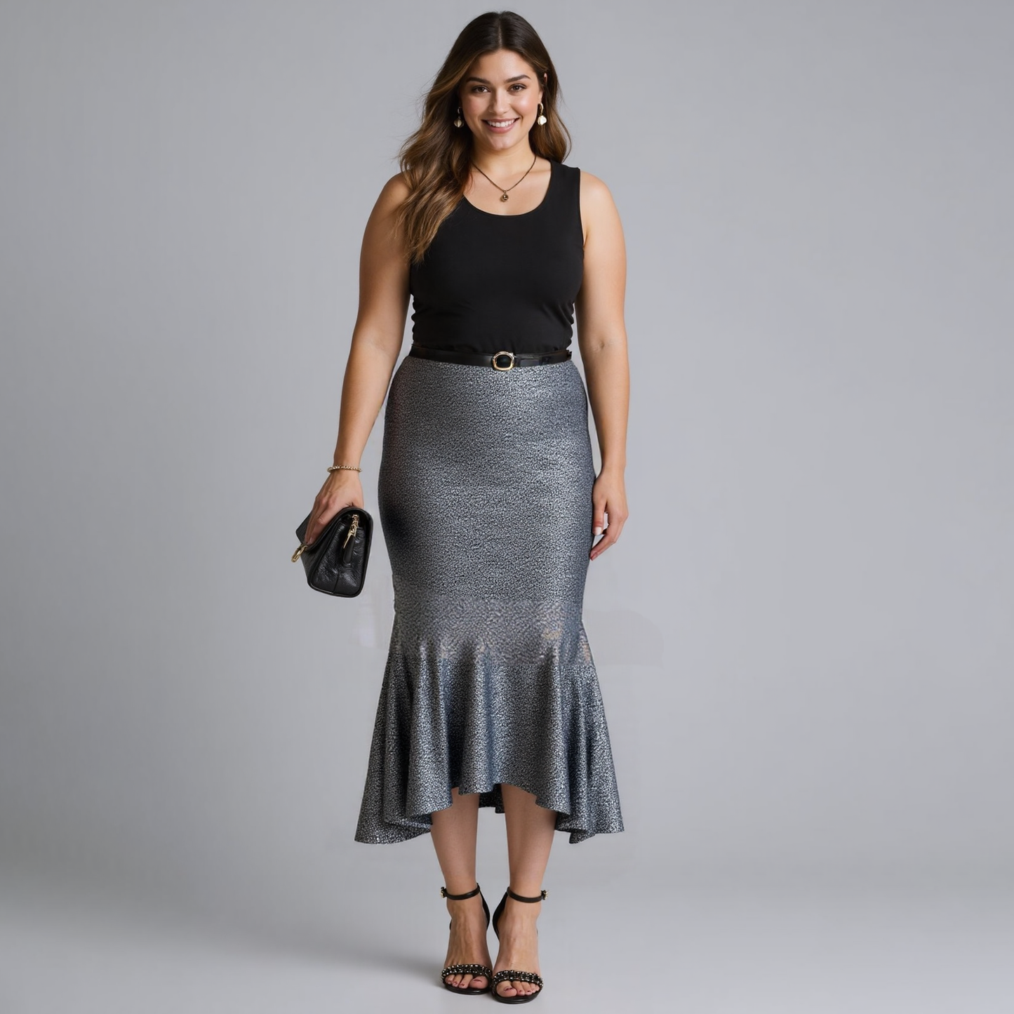 Plus Size Clothing High Quality Affordable Metallic Silver-toned Maxi Mermaid Skirt