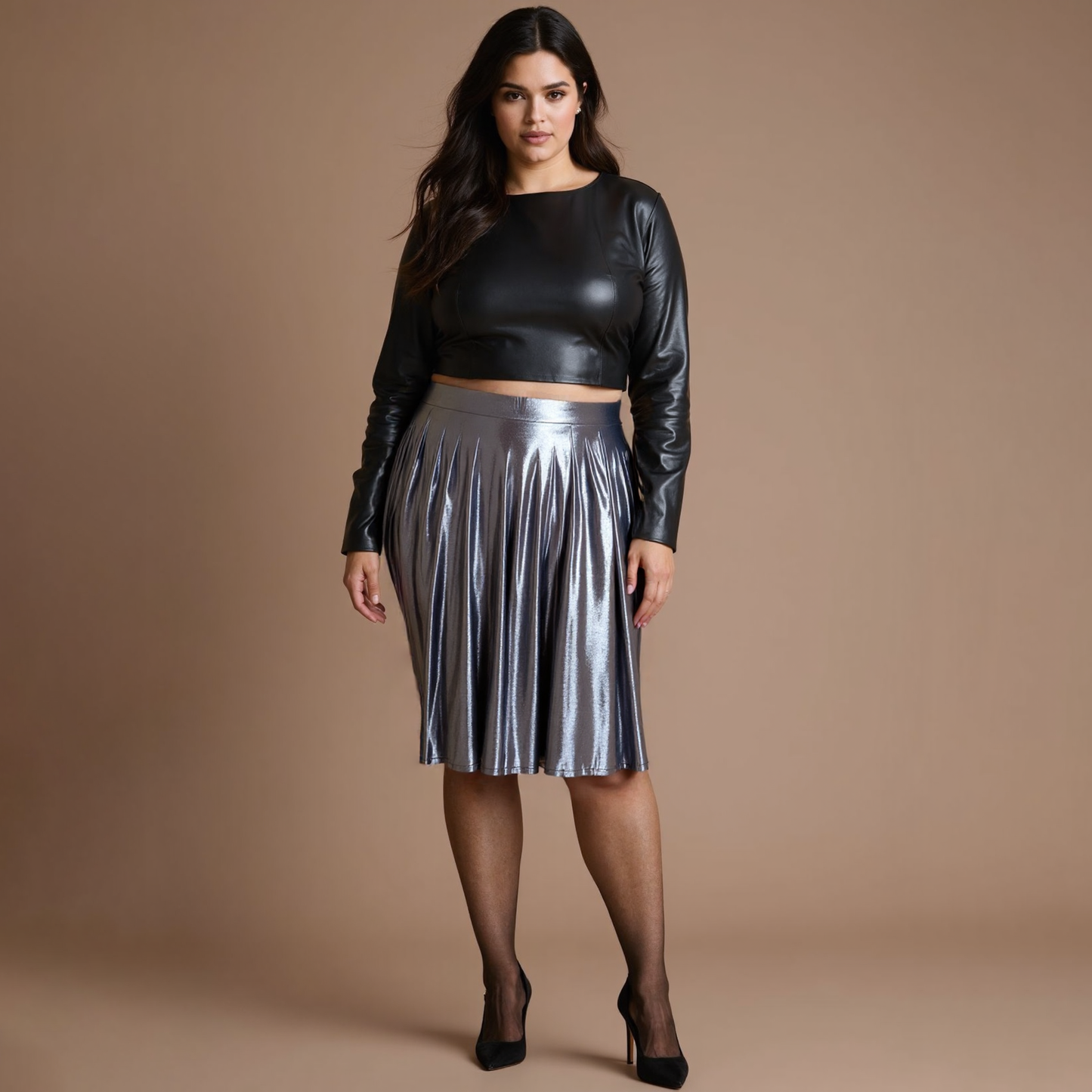 Plus Size Clothing High Quality Affordable Metallic Silver A-line Skirt