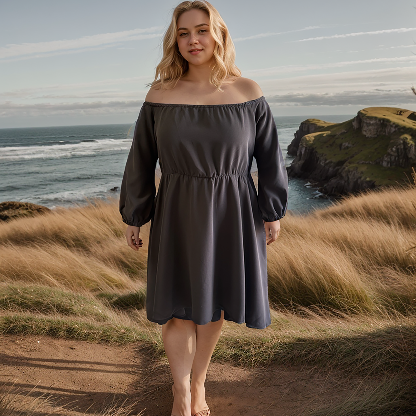 Plus Size Clothing High Quality Affordable One Shoulder 3/4 Sleeves Doll Dress
