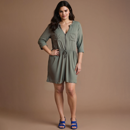 Plus Size Clothing High Quality Affordable Zipper Multiple Pockets Drawstring 3/4 Sleeves Jumpskirt Skirted Romper